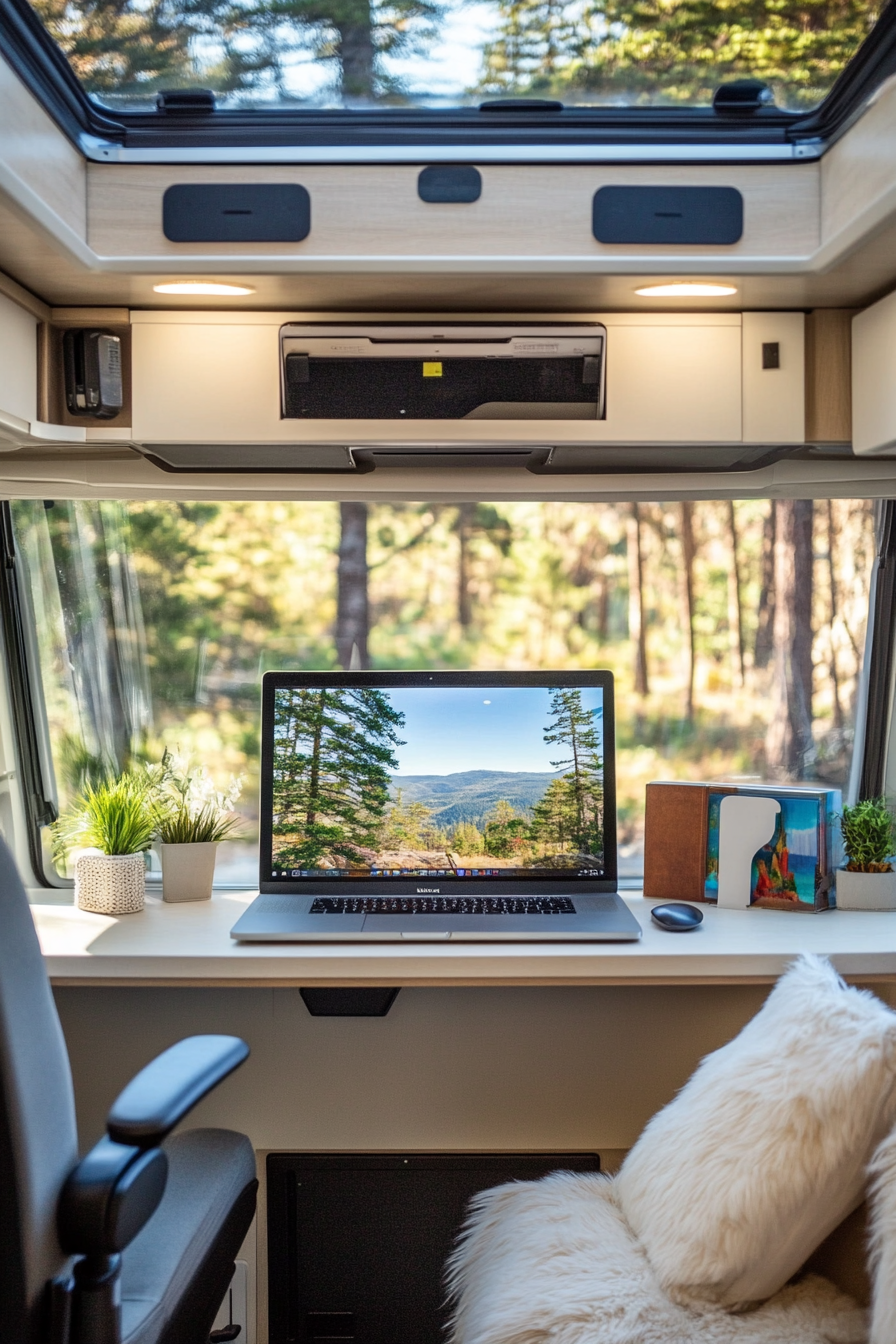 Mobile office in RV. Sleek workstation beneath panoramic window.