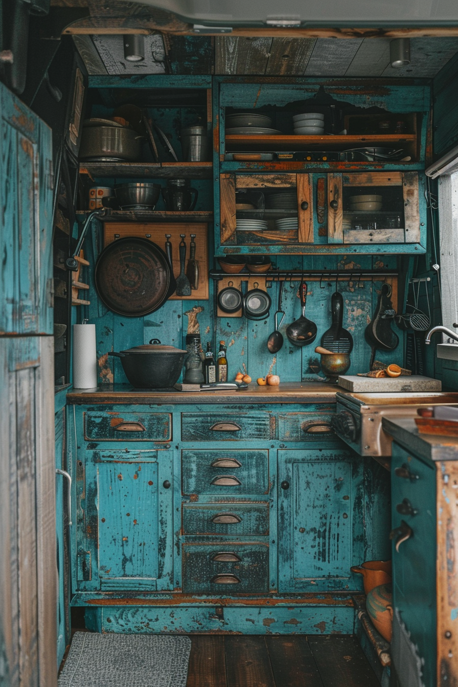 Rustic camper van kitchen. Faded teal wooden cabinets with iron cast handles.