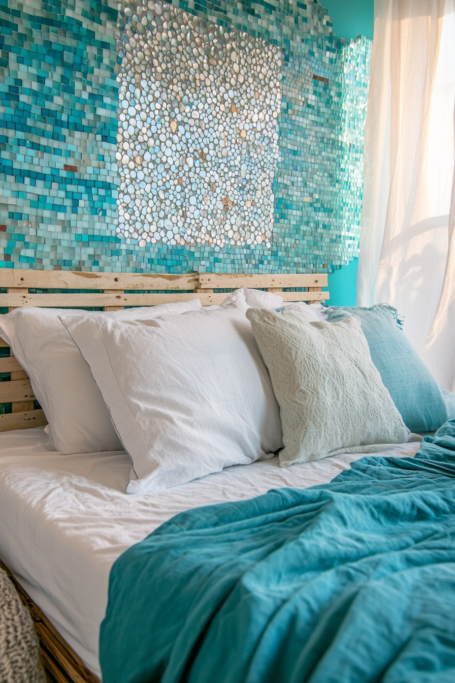 Coastal bedroom. Turquoise pallet bed with DIY Seaglass mosaic wall art.