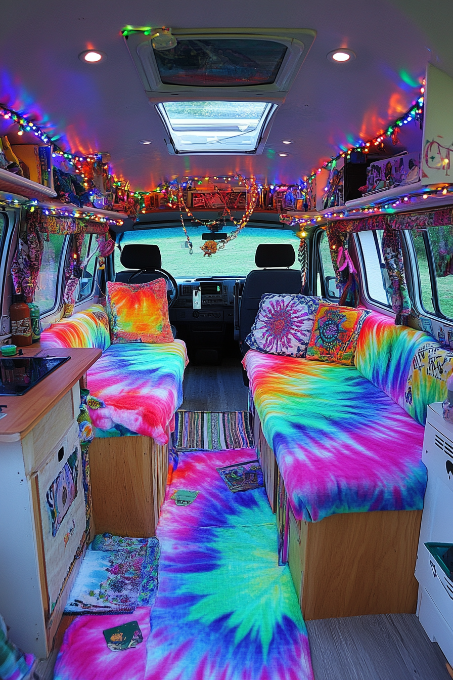 Hippie Camper Van. Digital office interior with rainbow tie-dye upholstery.