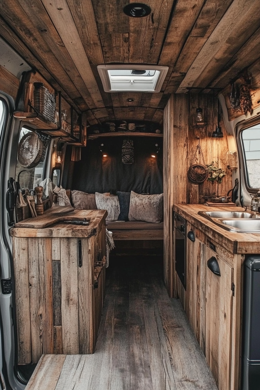 Camper van interior. Exposed steel fixtures with weathered wooden panels.