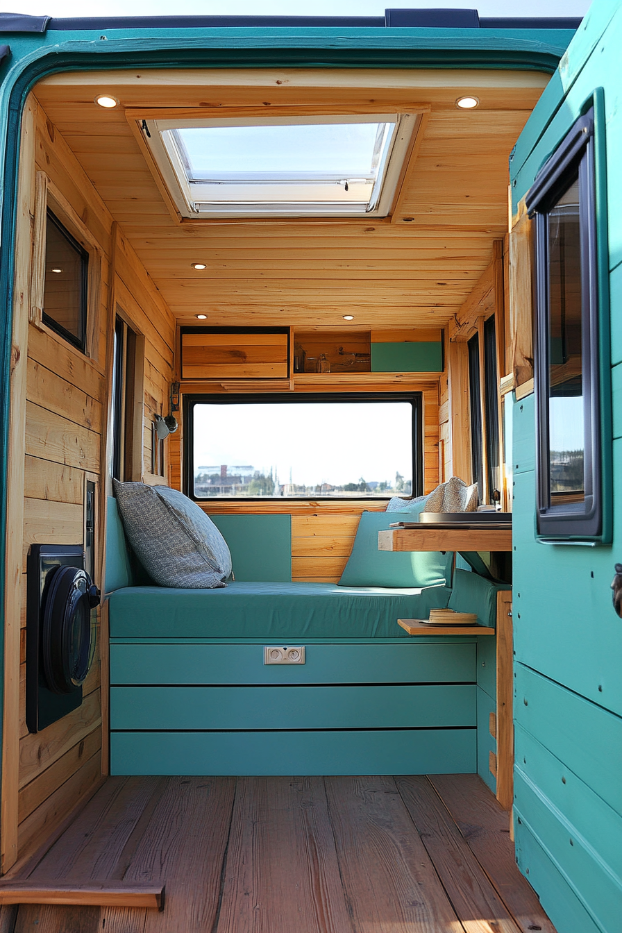 Tiny House Camper. Teal exterior featuring a pop-up skylight and wood paneled interior.