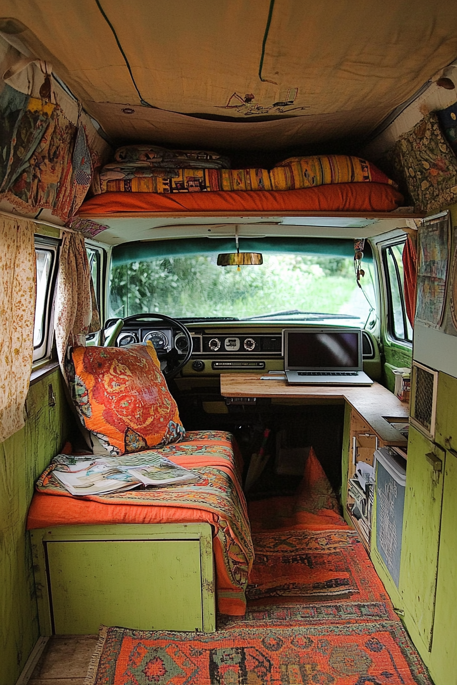 Camper van. Pea-green VW exterior, laid back bohemian interior with convertible computer desk-bed space.