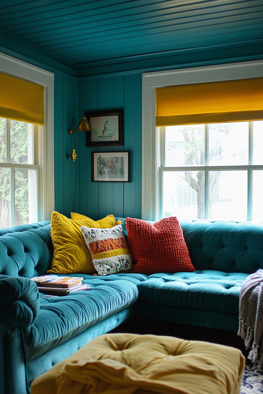 Living room inspiration. Teal sectional sofa inside pastel yellow tiny space.