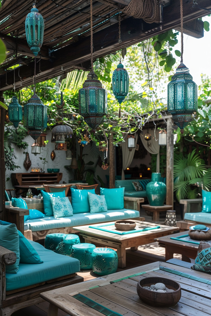 Chic Boho Patio. Teakwood furniture with turquoise cushions, surrounded by hanging lanterns.