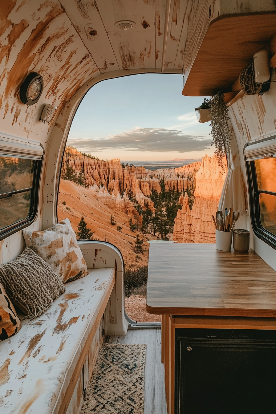 Split image. Paint-splattered interior of a tiny camper next to hoodoos at sunset.