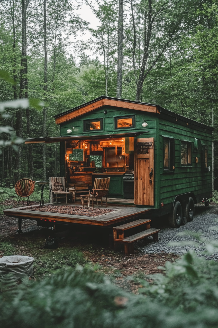 Tiny House Camper. Exterior splashed with forest green, interior packed with rustic wood furniture.