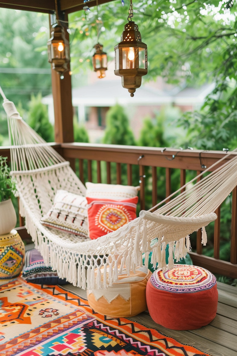 Chic Boho Patio. Macrame hammock with hodgepodge of colorful ottomans and outdoor lanterns.