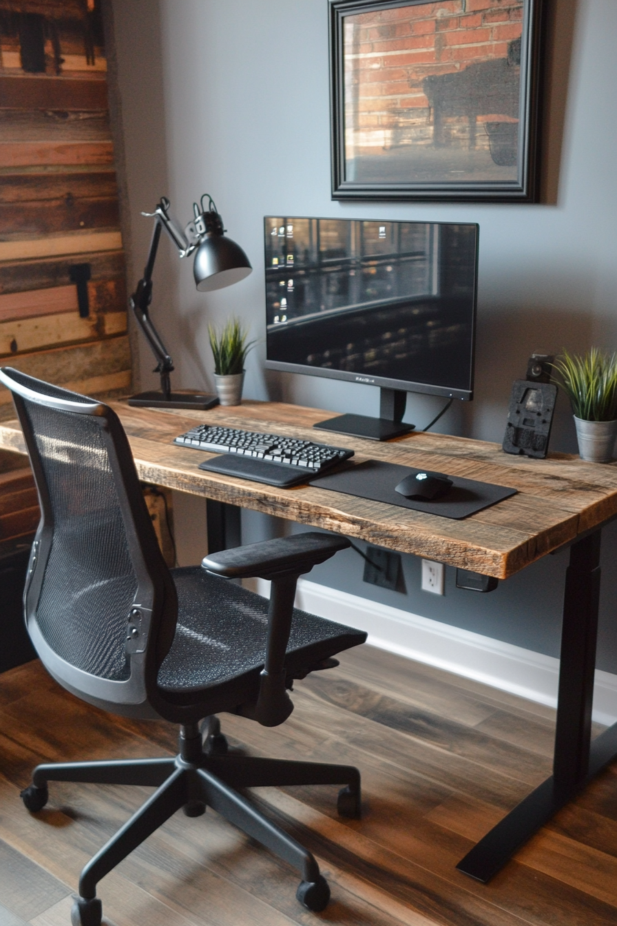 Remote work setup. Barnwood desk with black metal Aeron chair.