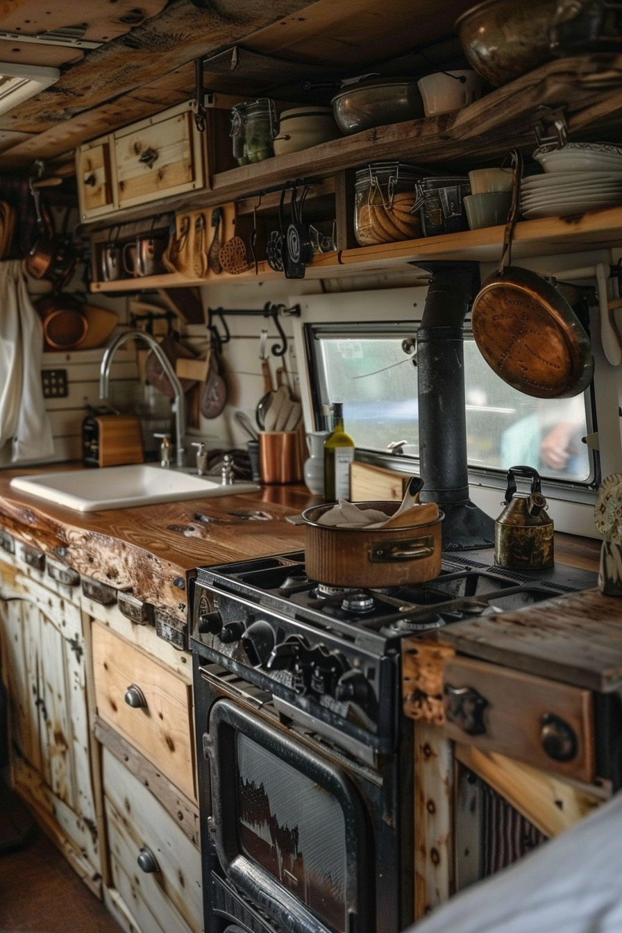 Rustic camper van kitchen. Natural wood countertops with black iron cast stove.