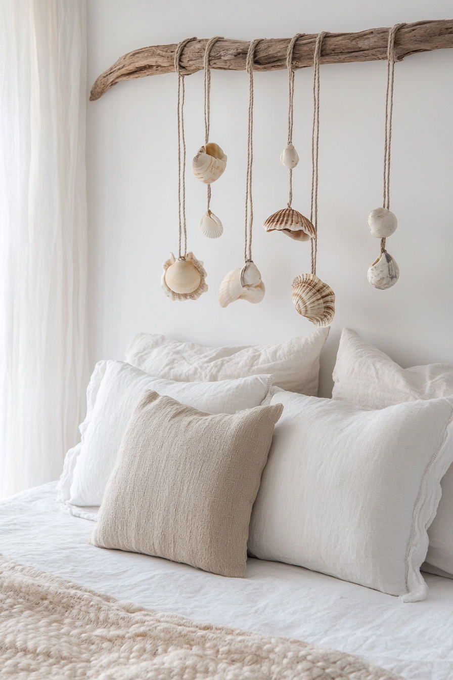 Coastal bedroom. Whitewash timber headboard with hanging DIY seashell chimes.