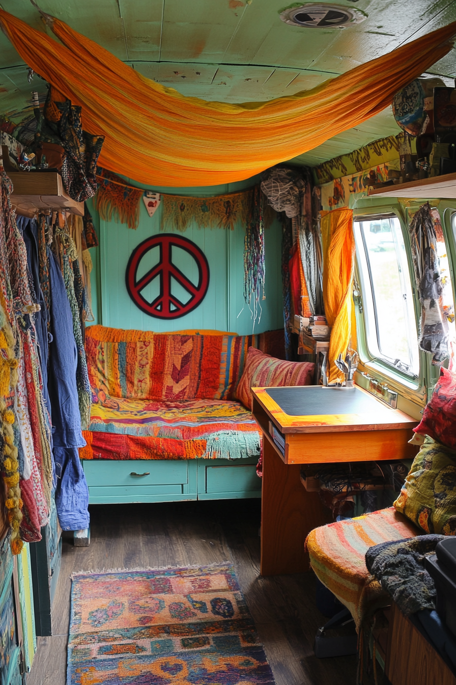 Camper van. Peace sign spray paint, 70s colors, ceiling hammock desk.