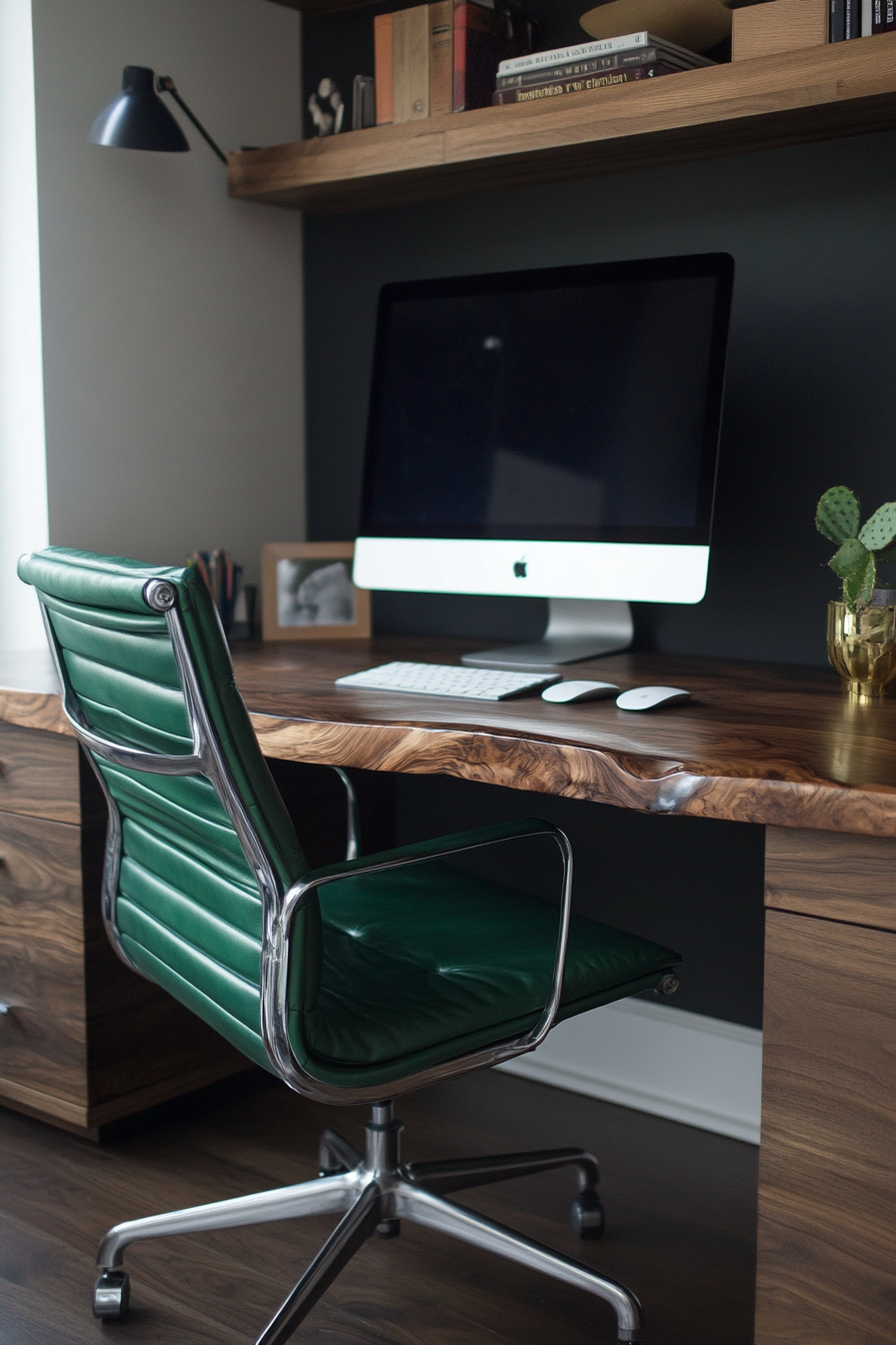 Home Office Inspiration. Walnut desk with emerald green leather rolling chair.