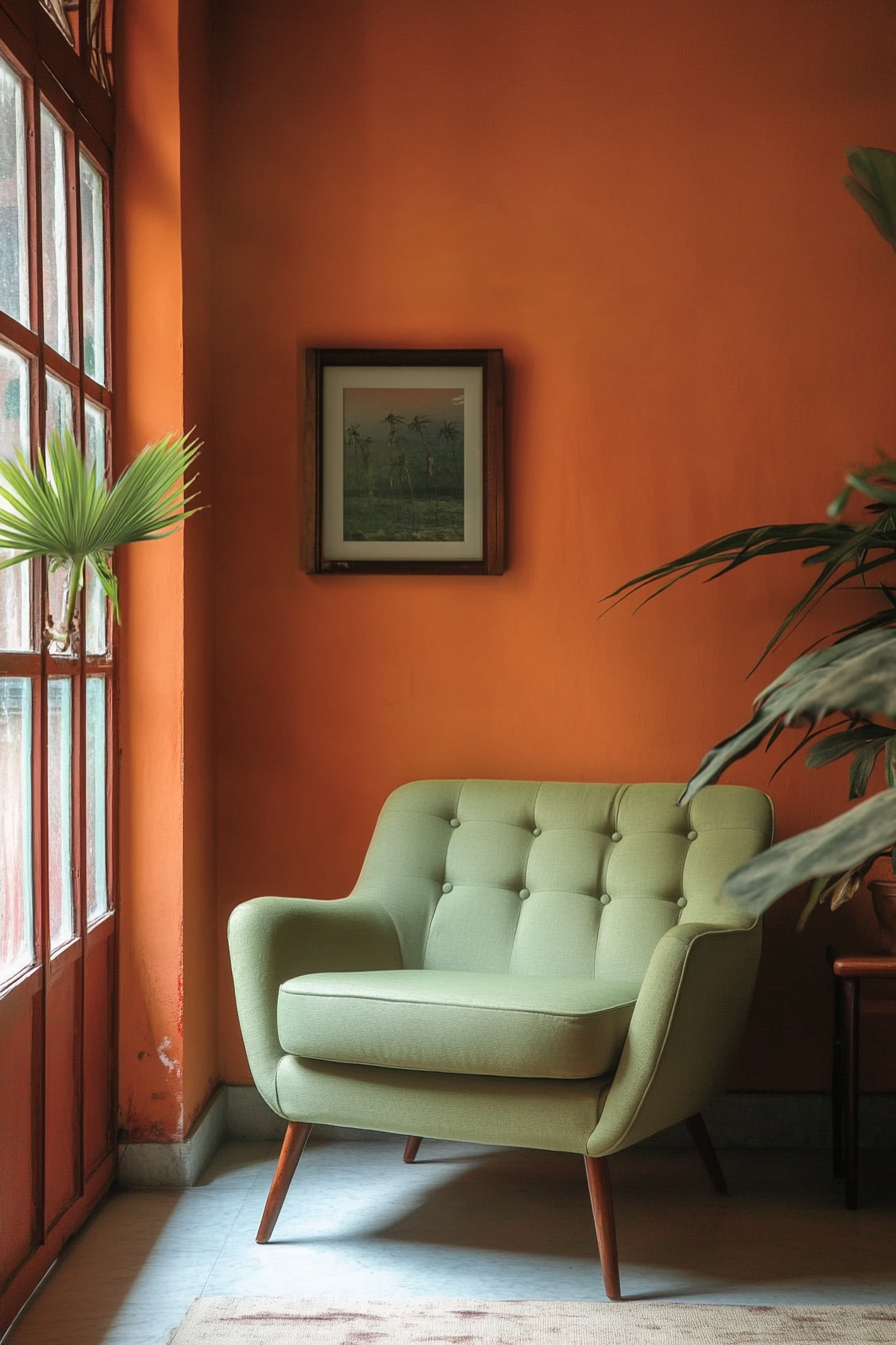 Living room inspiration. Sage green loveseat against persimmon-colored wall.