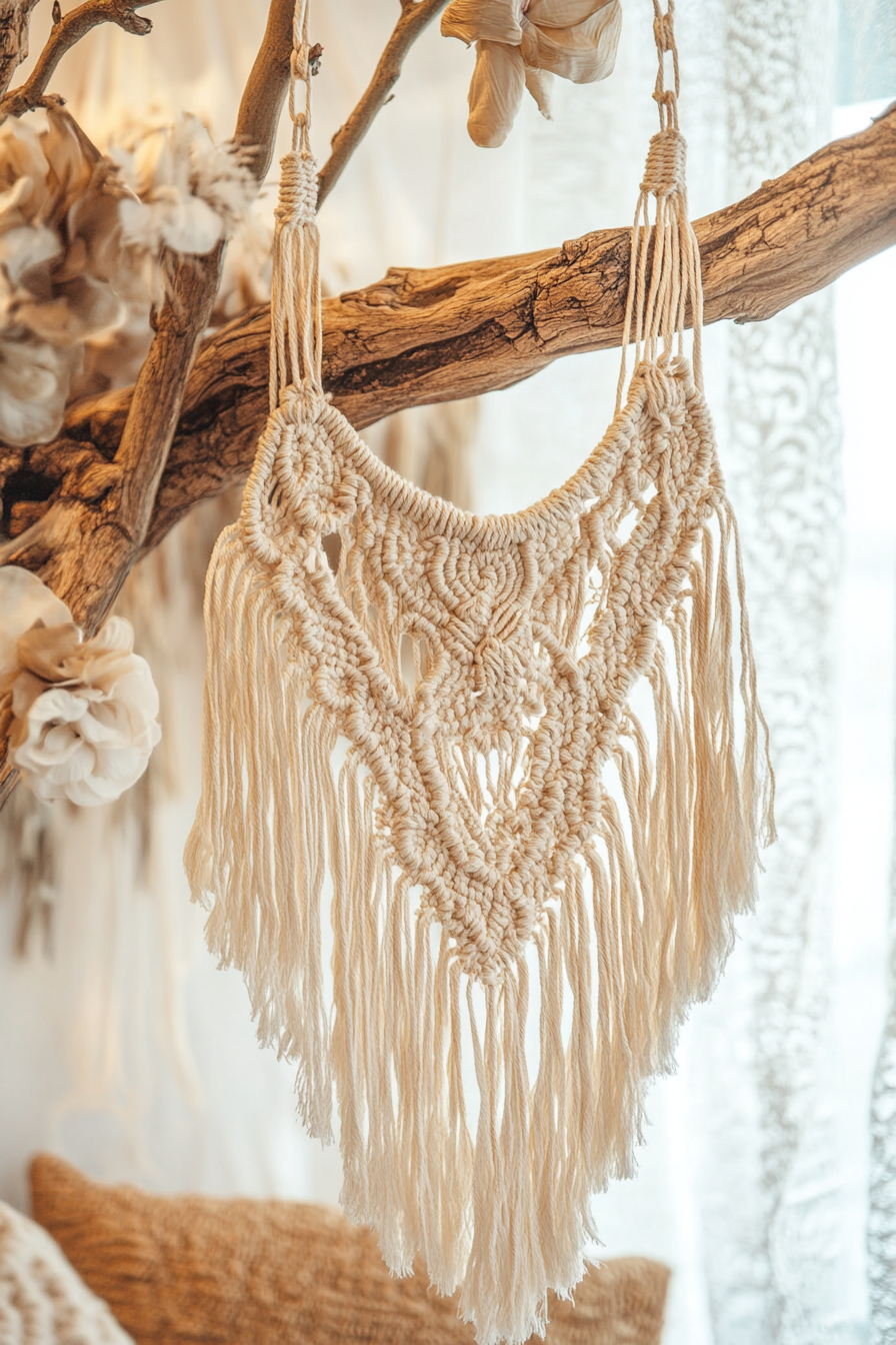 DIY wall decor. Hanging macrame in neutral colors.