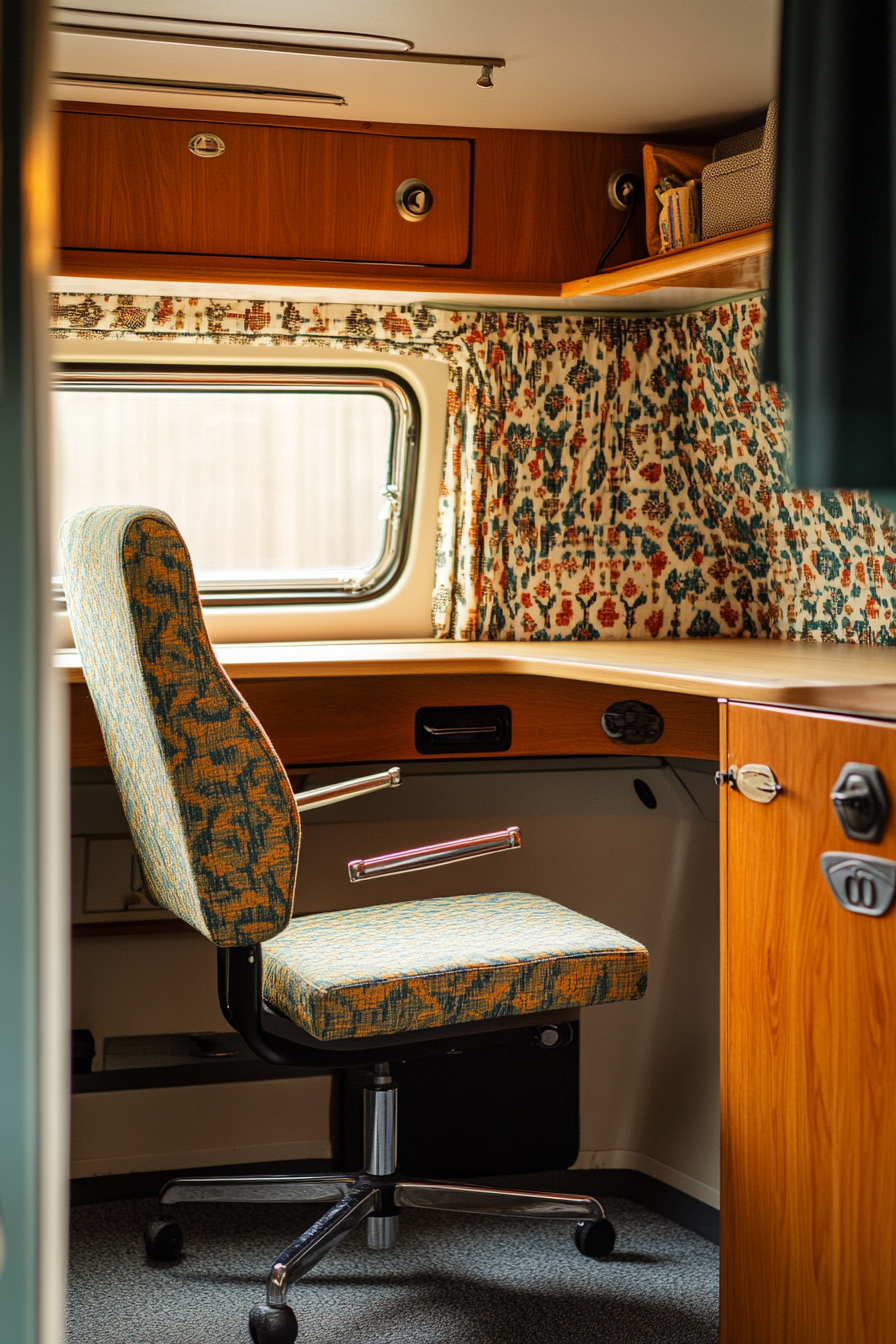 Camper van. Retro pattern with wooden desk and adjustable swivel chair.