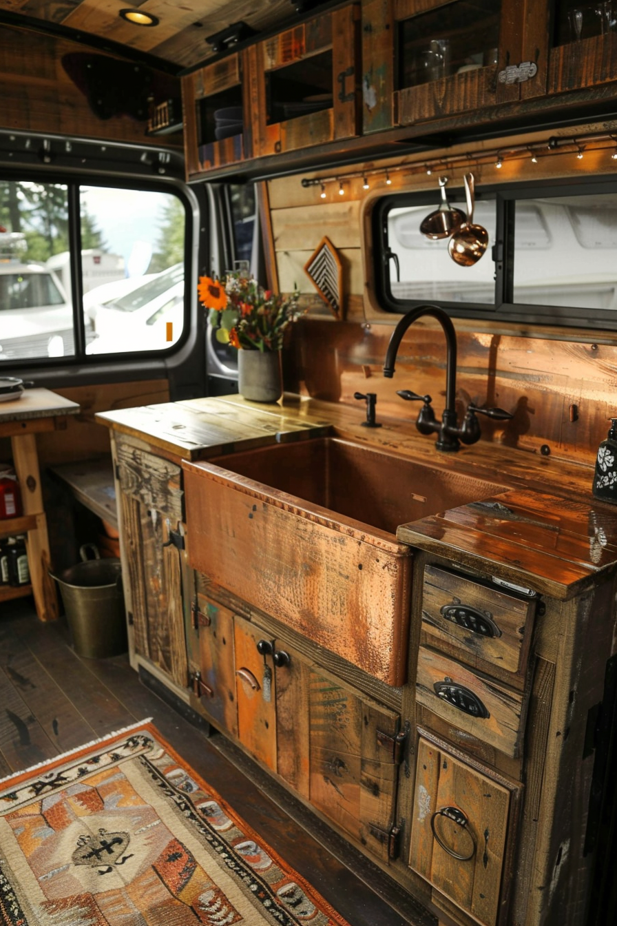 Rustic camper van kitchen. Distressed wooden cabinets with copper farmhouse sink.