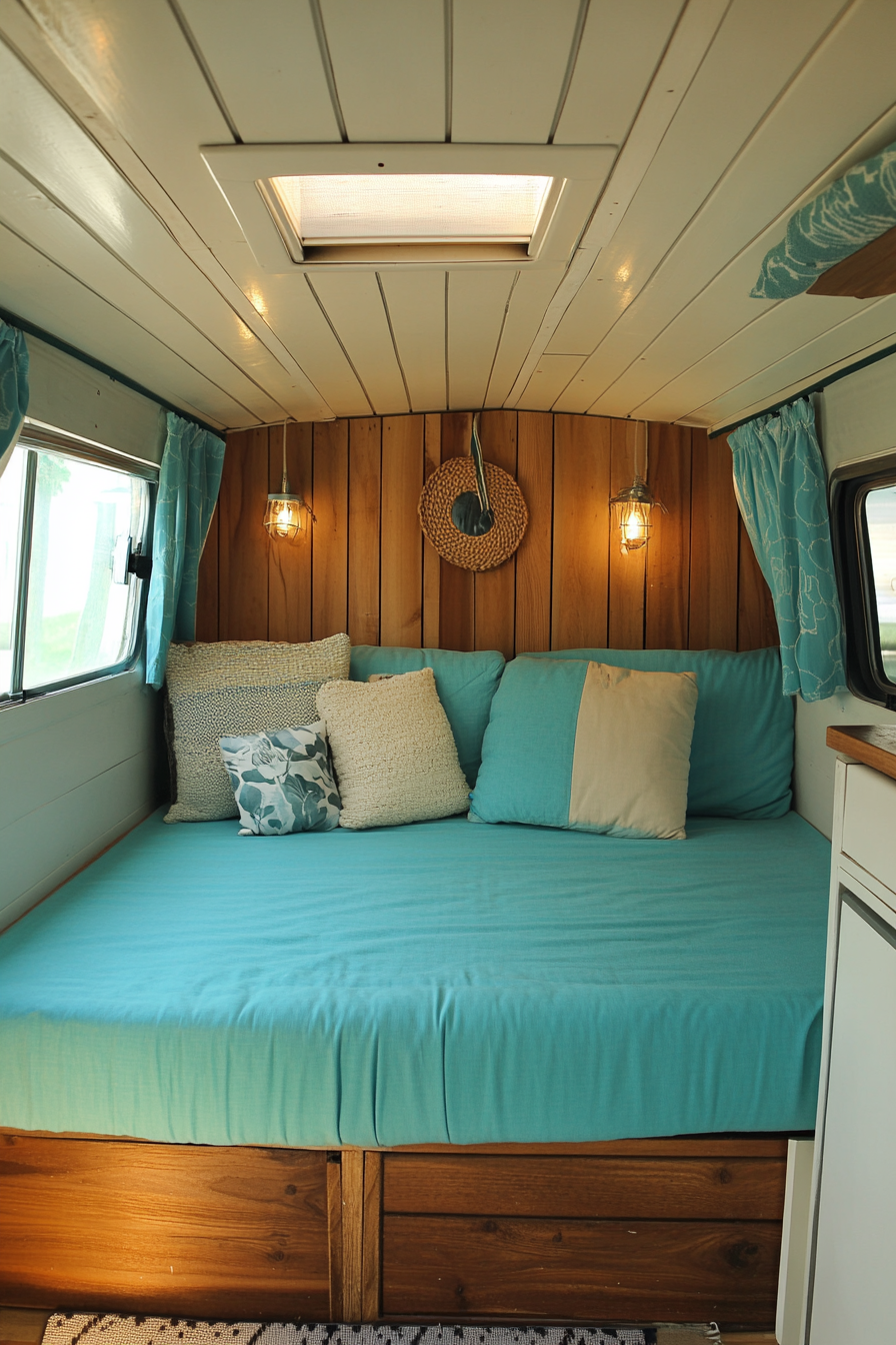 Camper van interior. Turquoise upholstery with sand-colored beach wood paneling.