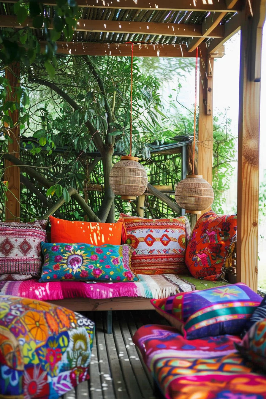 Chic Boho patio. Wood palette corner sofa with vibrant colorful cushions.