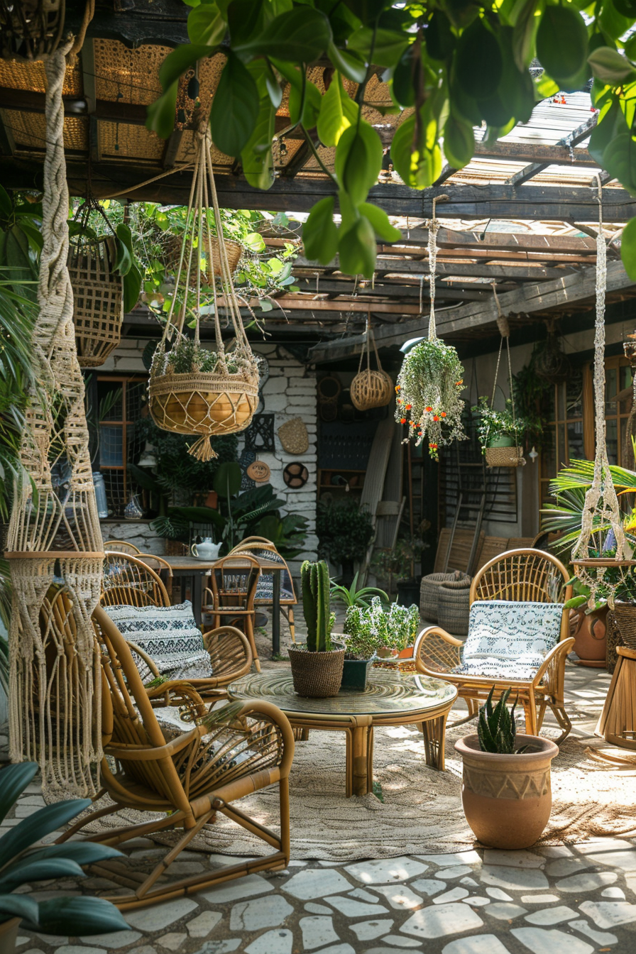 Chic Boho patio view. Hanging macramé decorations, rattan furniture, and potted plants.