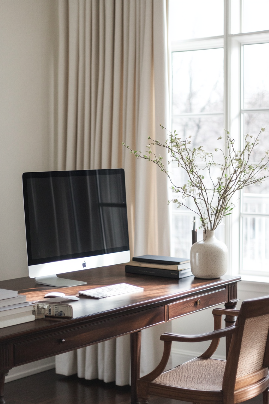 Home Office Inspiration. Dark Wood Desk with Borderless Monitor