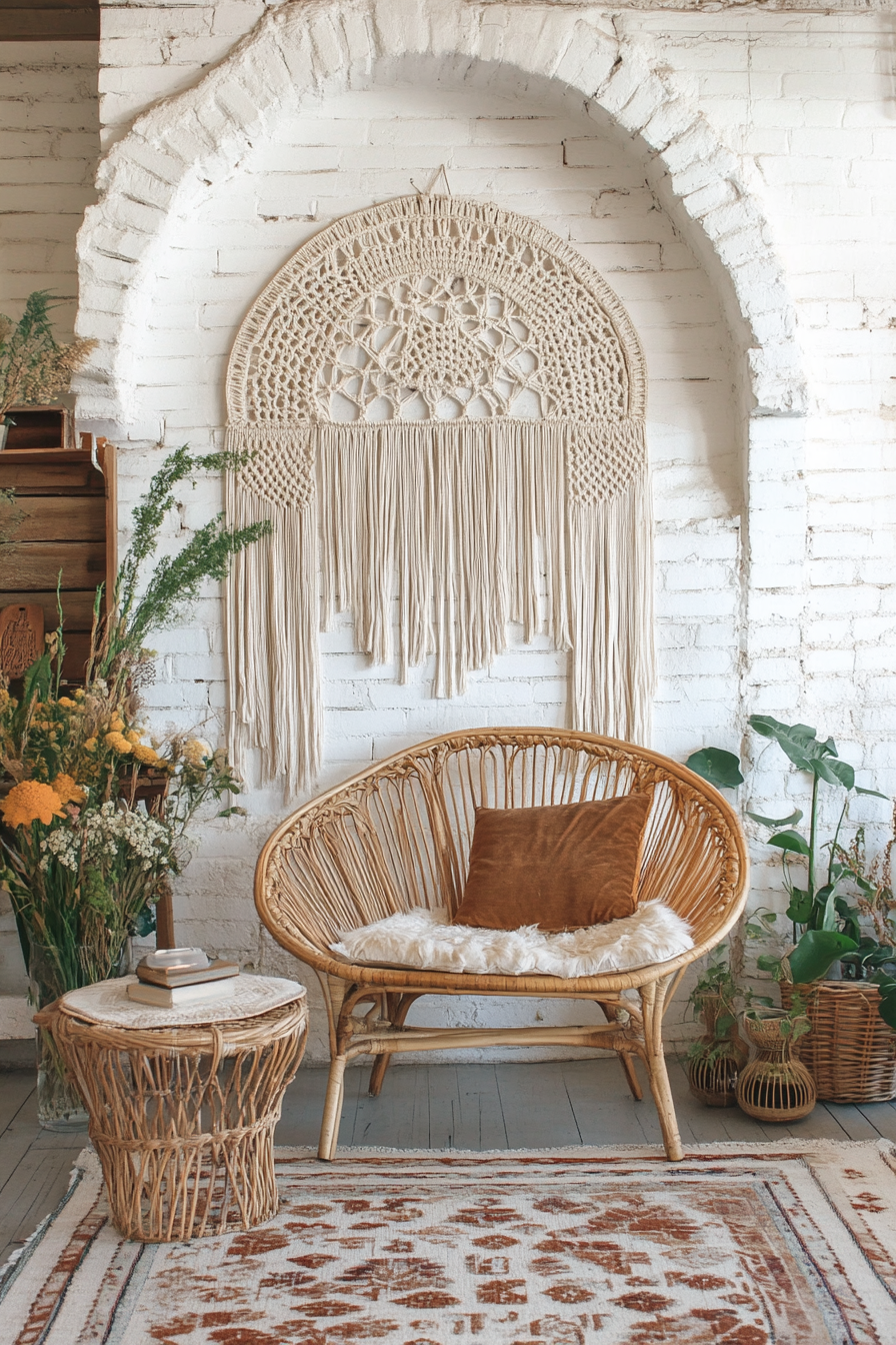 Living room. Macrame wall hangings and rattan furniture.