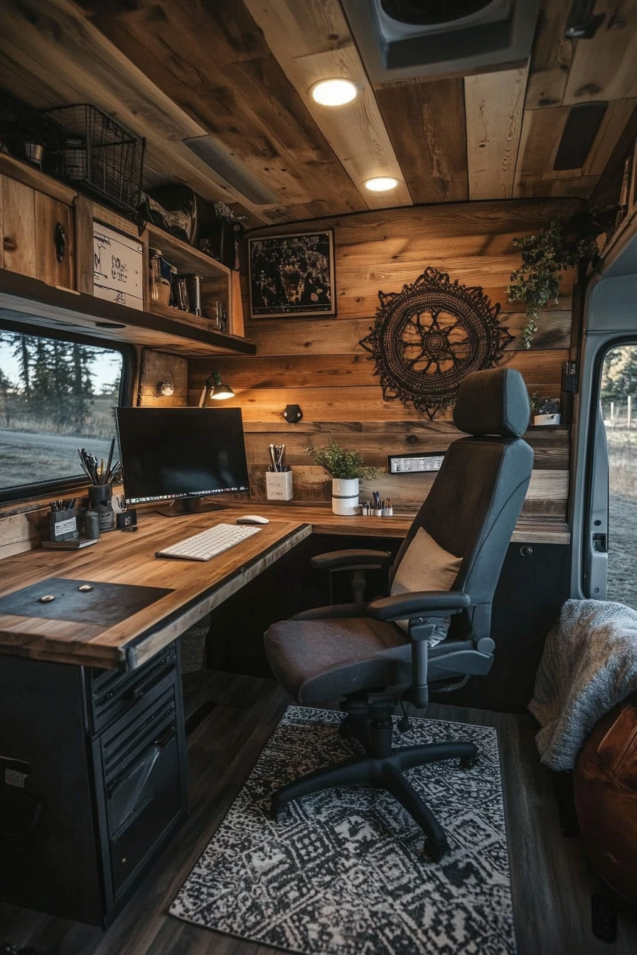 Converted van workspace. Rustic design with a black swivel chair and wooden desk.