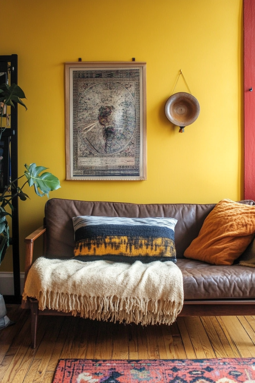 Urban tiny living room. Brown couch against mustard yellow decorated wall.