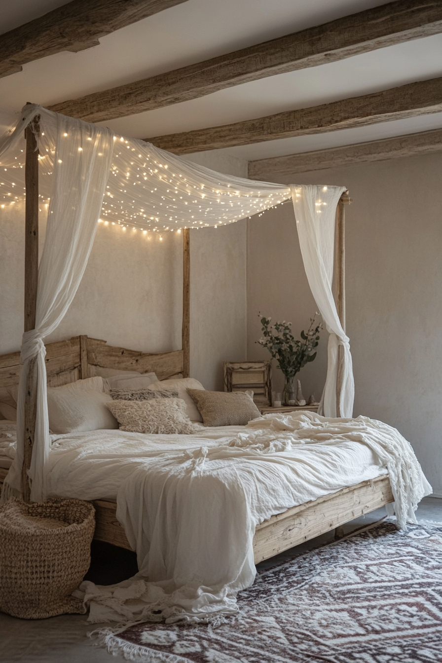 Bedroom. Distressed wooden bedframe with draped ivory fairy lights and a tribal pattern rug.