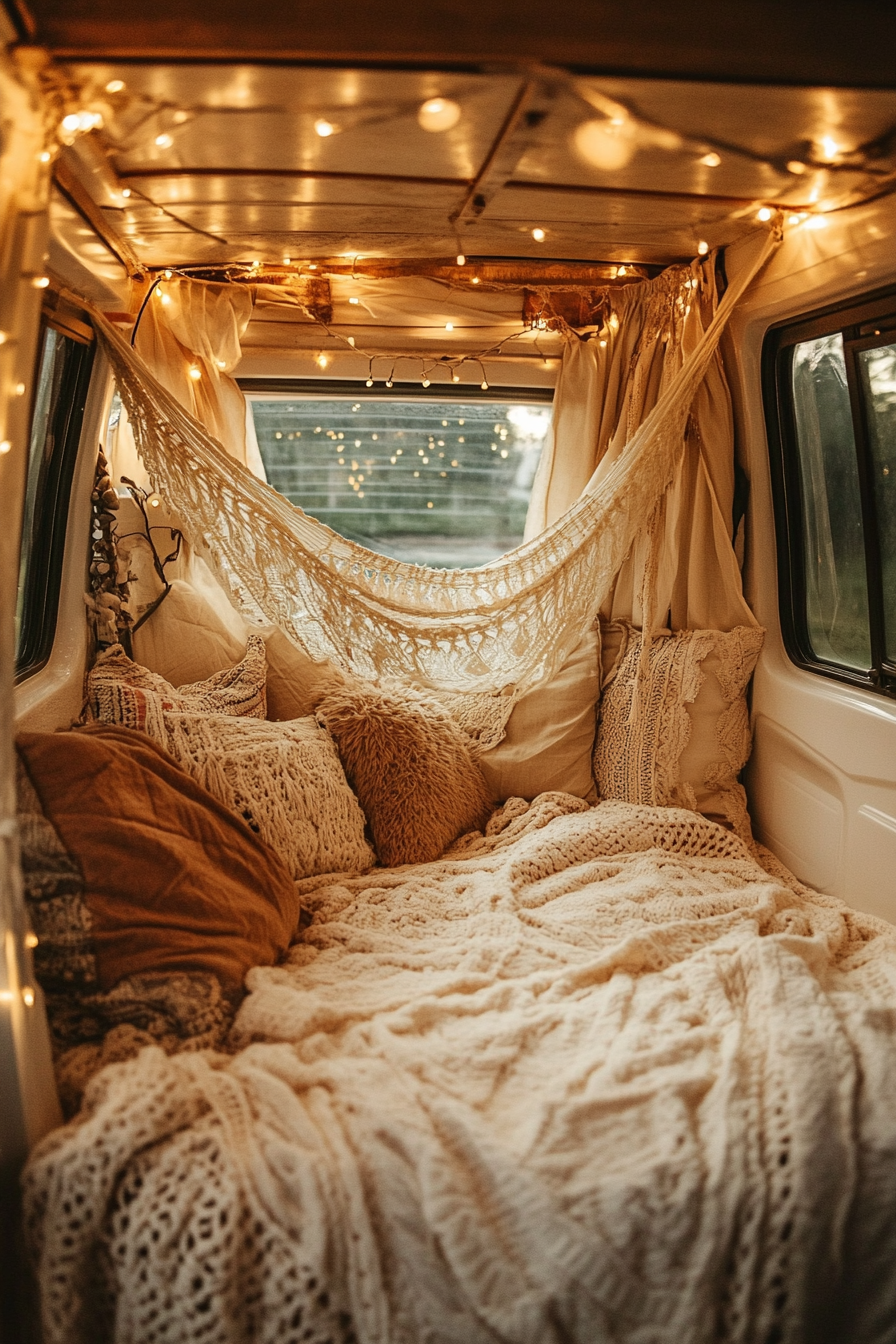 Boho-Luxe Camper Van. Cream-colored van interior with hammock and string lights.