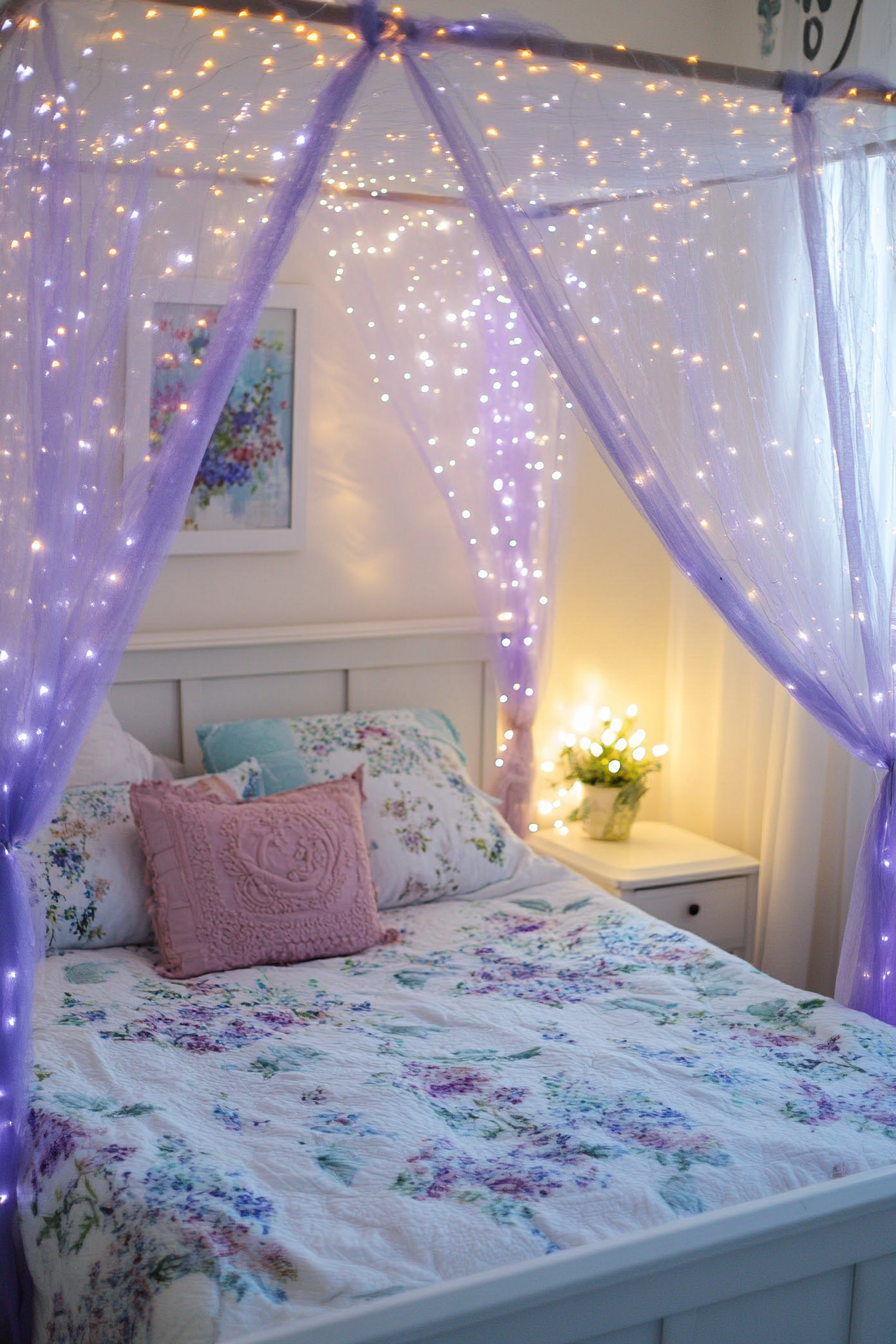 Bedroom. Canopy bed with lavender fairy lights twisted along the curtain rod.