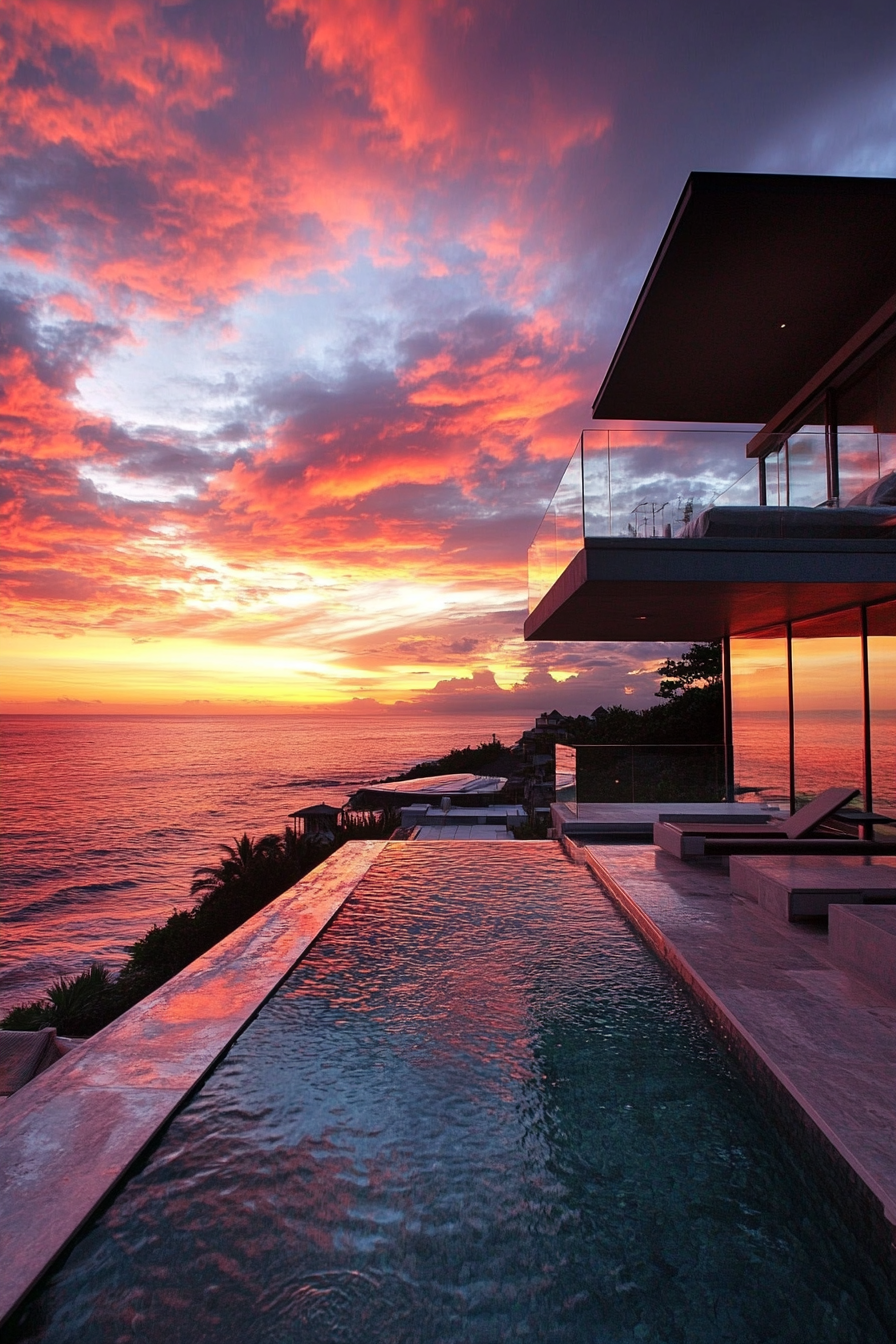 Compact beach house. Glass walls, infinity pool, facing a vibrant sunset over the ocean.