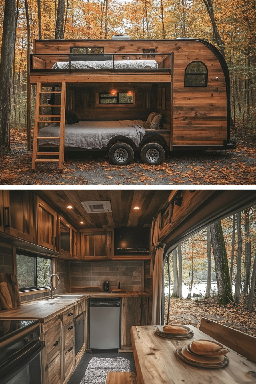 Split image. Loft bed, kitchenette interior and wooded, riverside exterior of Tiny House Camper.