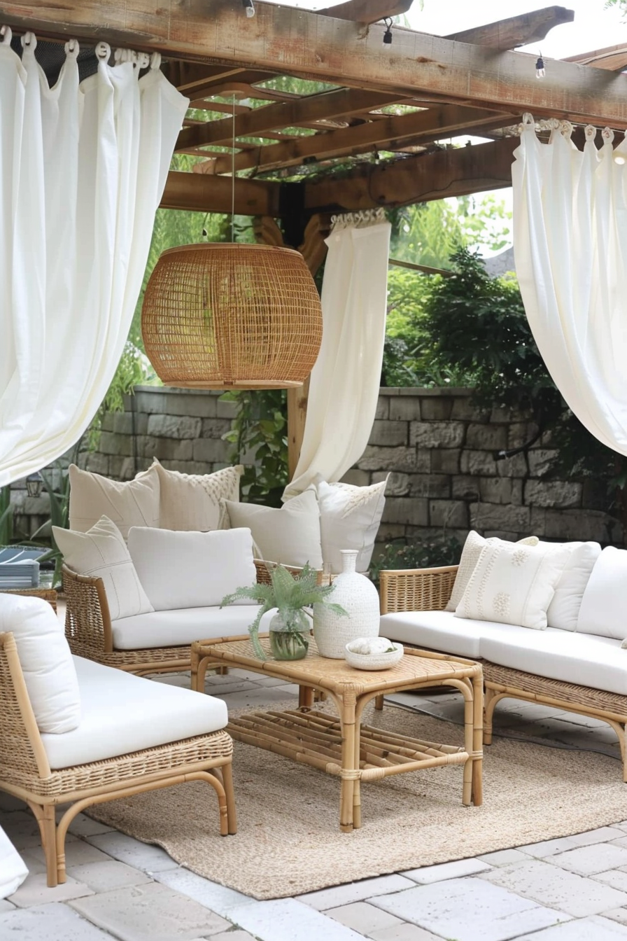 Chic boho patio. Woven rattan furniture, ivory fabric drapes, teak wood table.