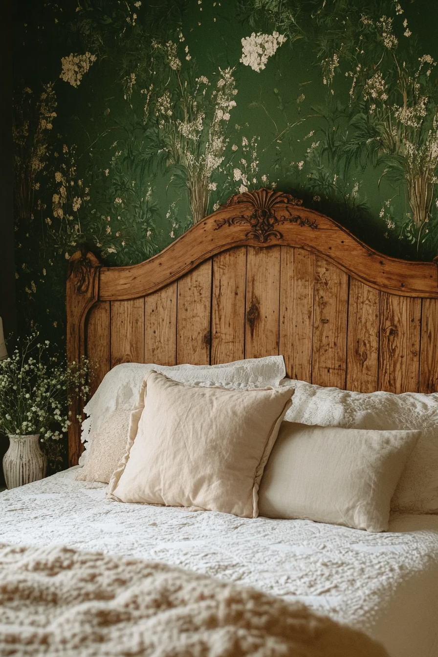 Earthy boho bedroom. Distressed wooden headboard against green foliage wallpaper.