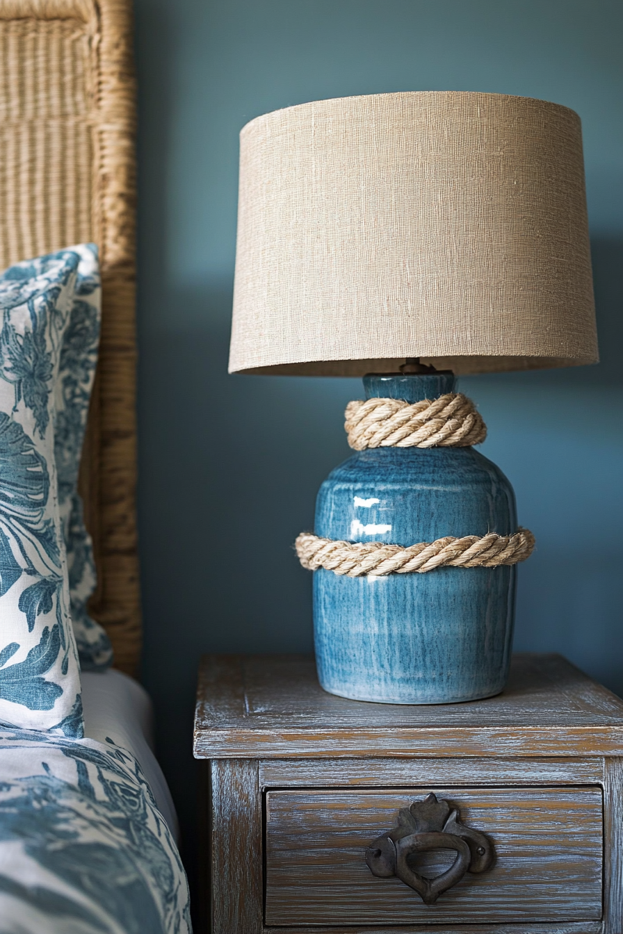 Coastal bedroom. Rope-wrapped DIY bedside lamp with azure duvet.