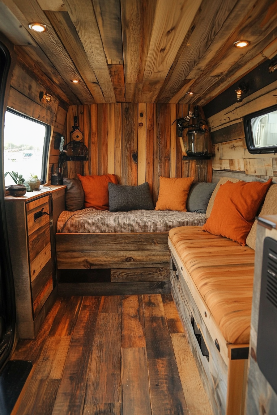 Camper van. Wood panel interior with steel accents.