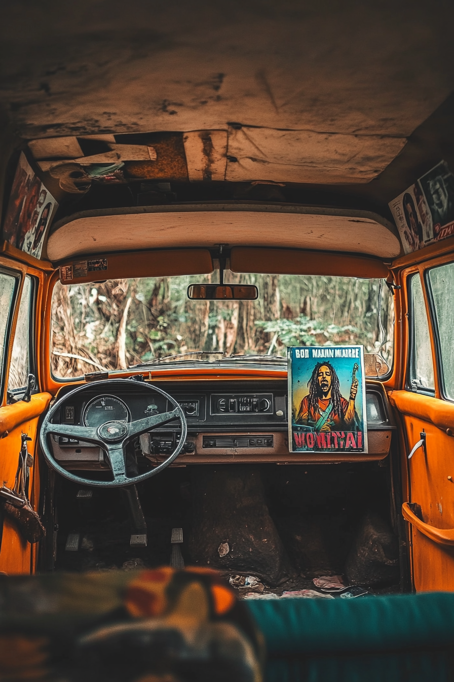 Camper van. Orange Volkswagen, interior with Bob Marley poster, desk facing towards rear window.