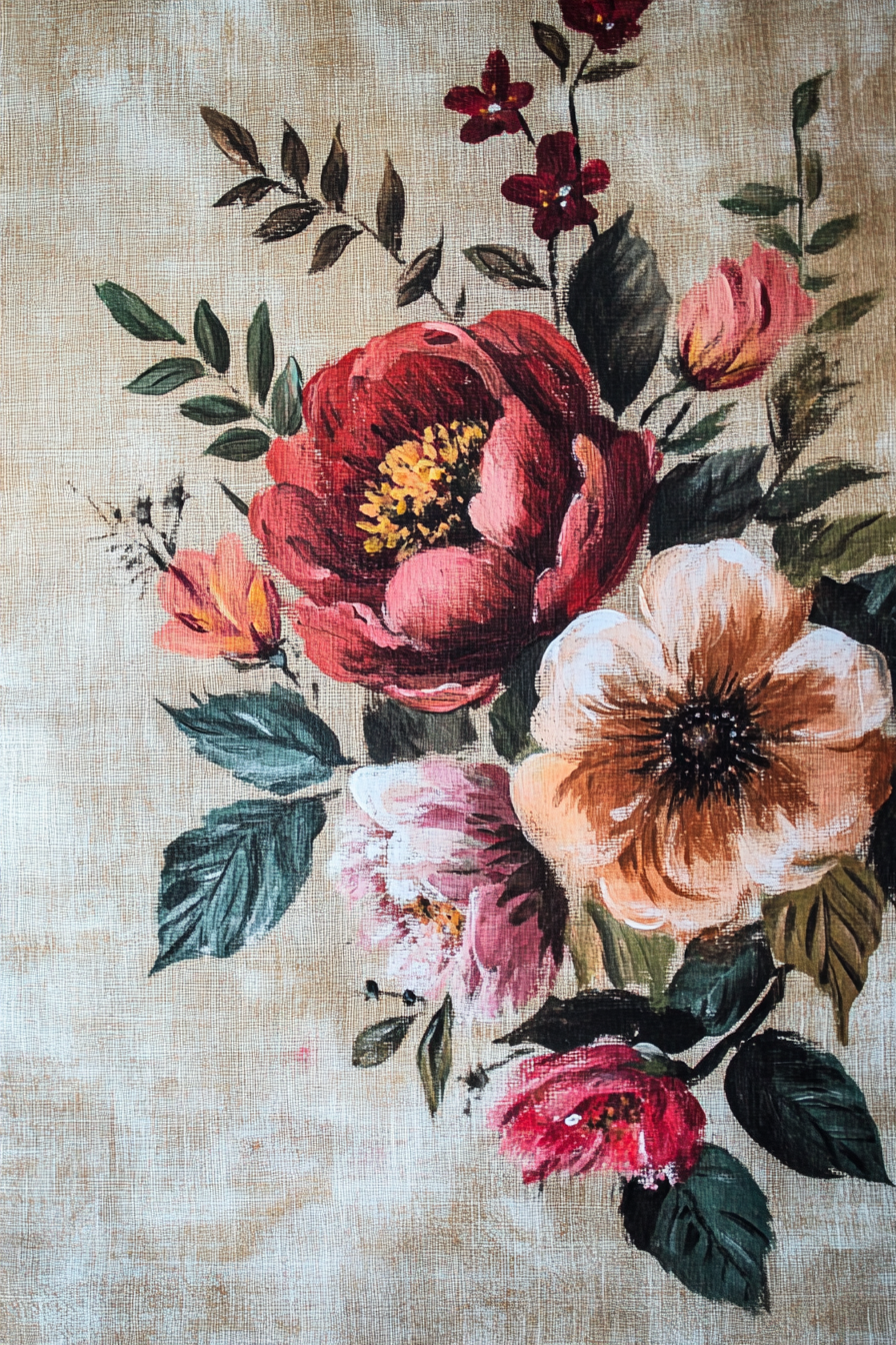 DIY wall decor. Hand-painted florals on rough hessian fabric.