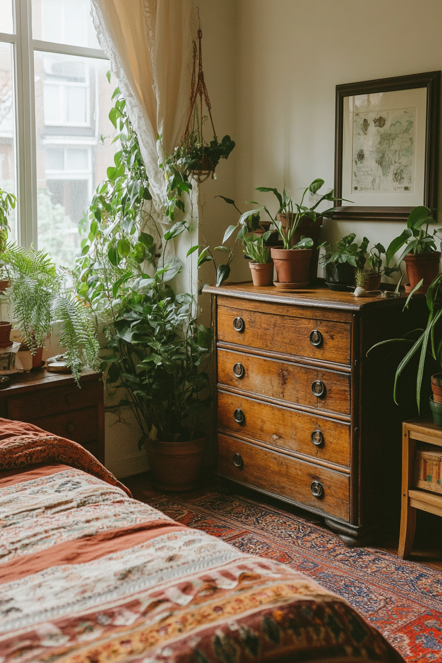 Earthy Boho bedroom. Green houseplants by chestnut wood furniture.