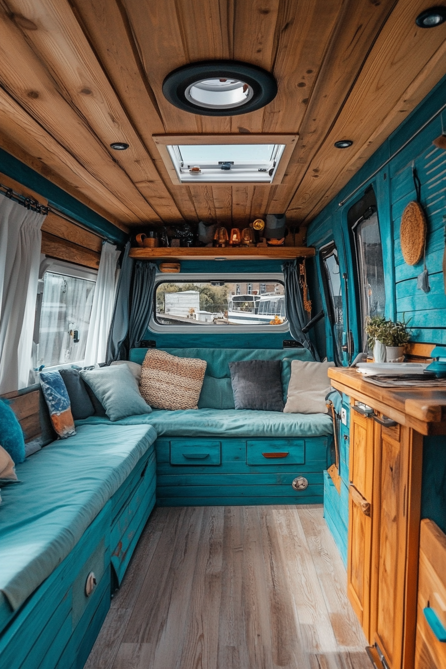 Camper van interior. Blue marine-themed decorum with a pop-up teak roof.