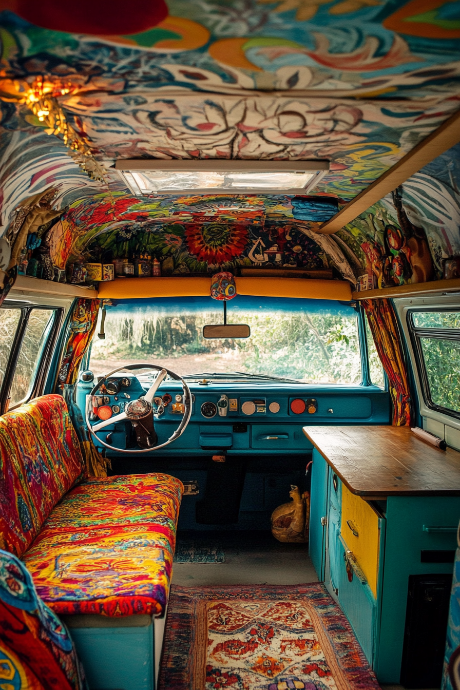 Hippie camper van. Converted Volkswagen with mural and retractable office workspace.