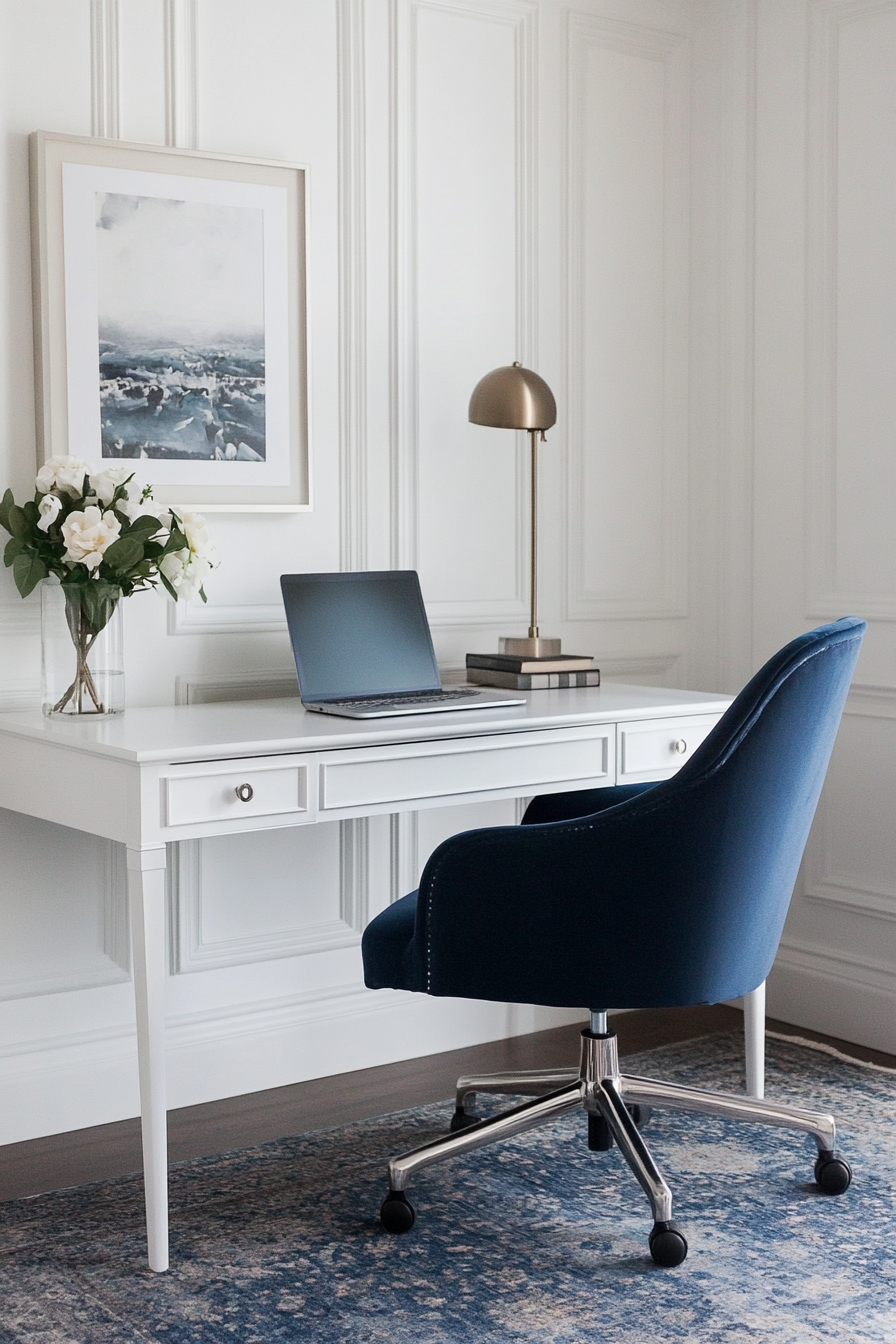 Home office inspiration. Sleek white desk paired with a dark blue ergonomic chair.