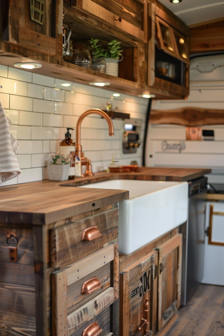 Camper van kitchen. Wooden cabinets with copper handles