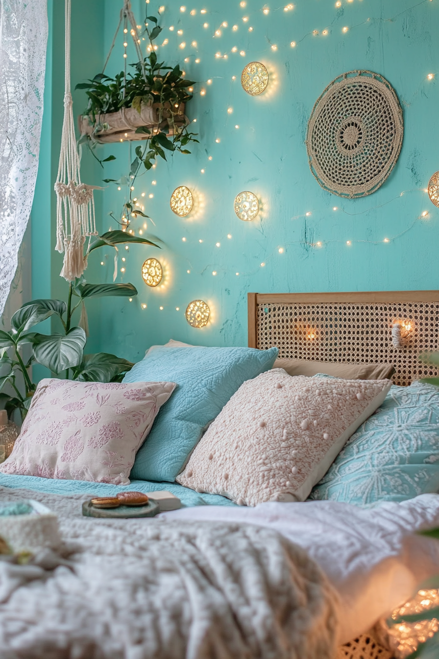 Boho Whimsical bedroom. Light turquoise walls with round golden fairy lights.