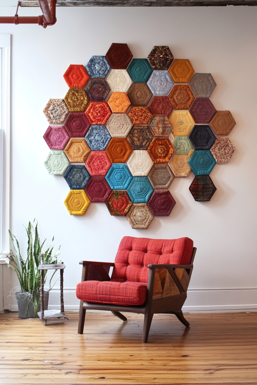 DIY Wall Decor. Multi-color fabric hexagon mural arrangement.