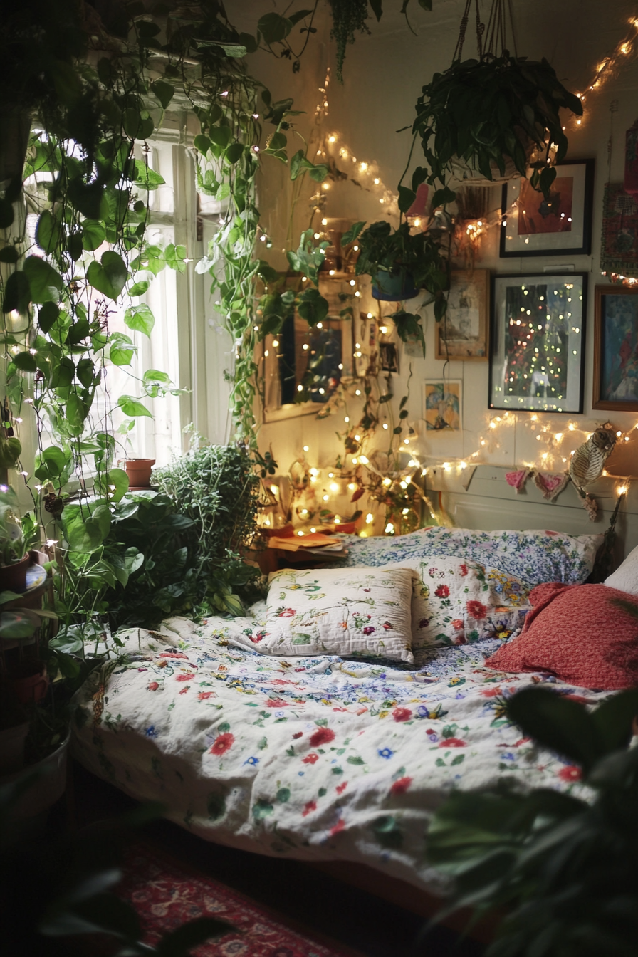 Boho whimsical bedroom. Fairy lights abundant in vast green trailing houseplants.