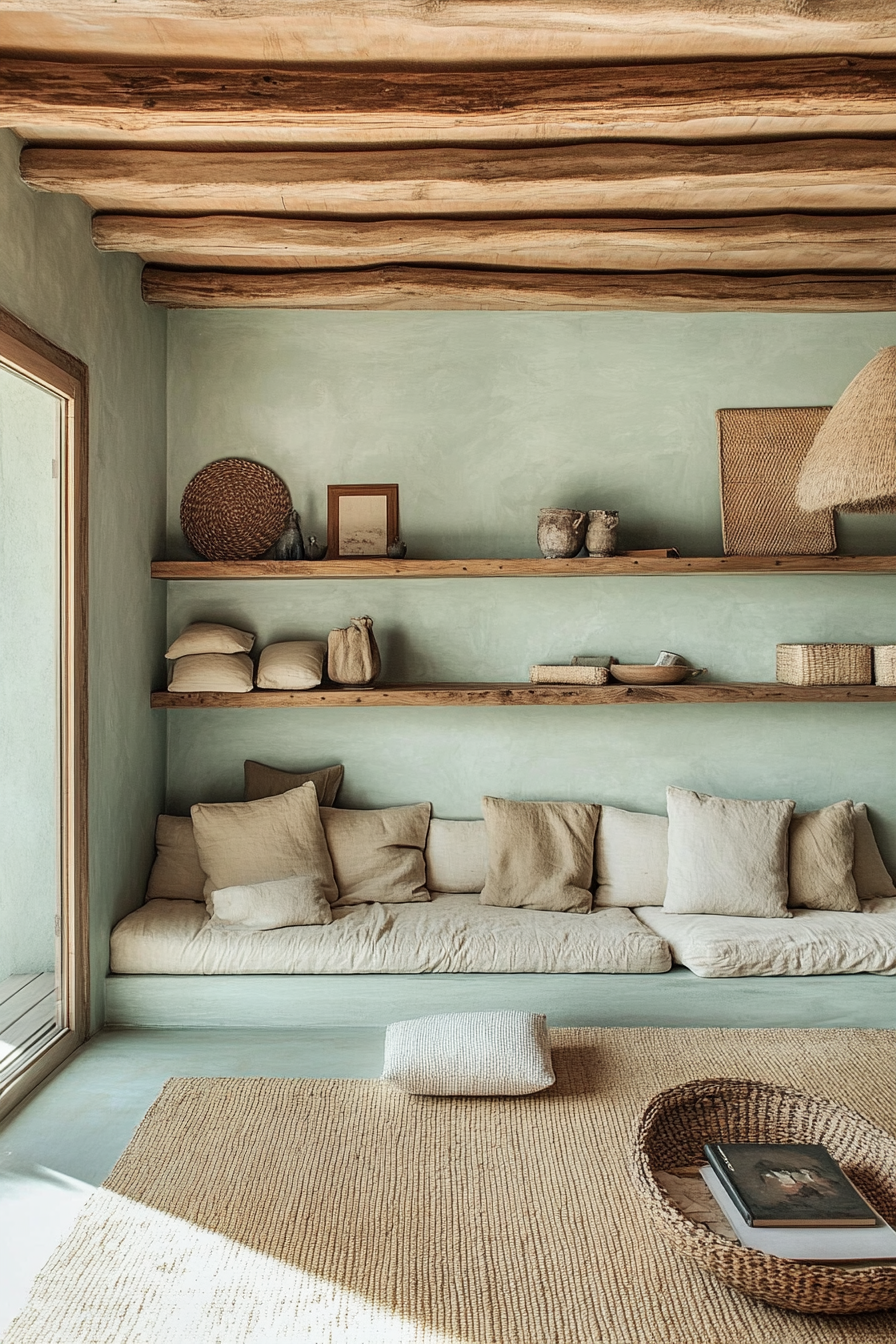 Living room inspiration. Vertical shelves and light turquoise walls with cushioned jute floor seating.