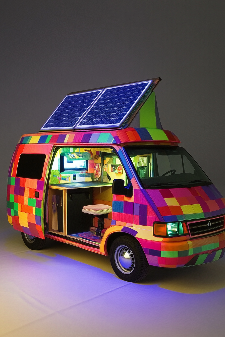 Camper Van. Psychedelic colors, solar panels on roof, compact corner desk inside.