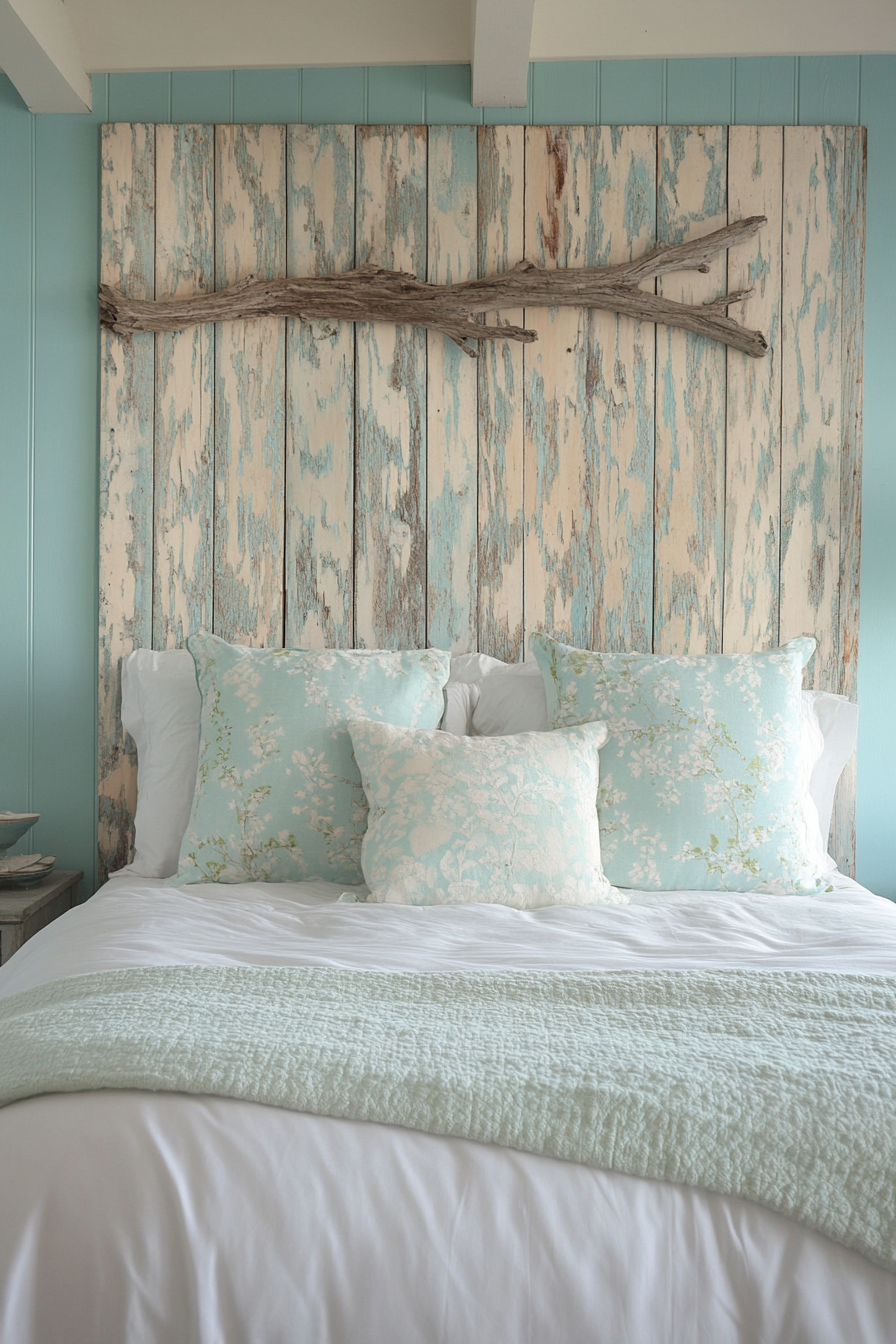 Coastal bedroom. DIY driftwood headboard in bleached aqua shaded room.